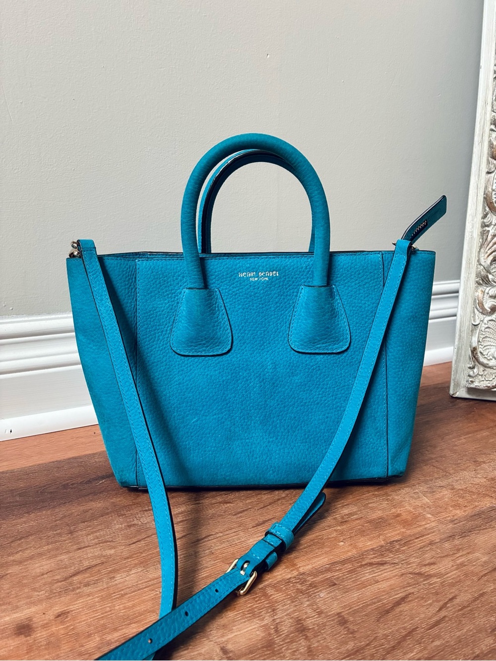 Henri Bendel Nubuck Leather Satchel Crossbody Purse Teal Blue